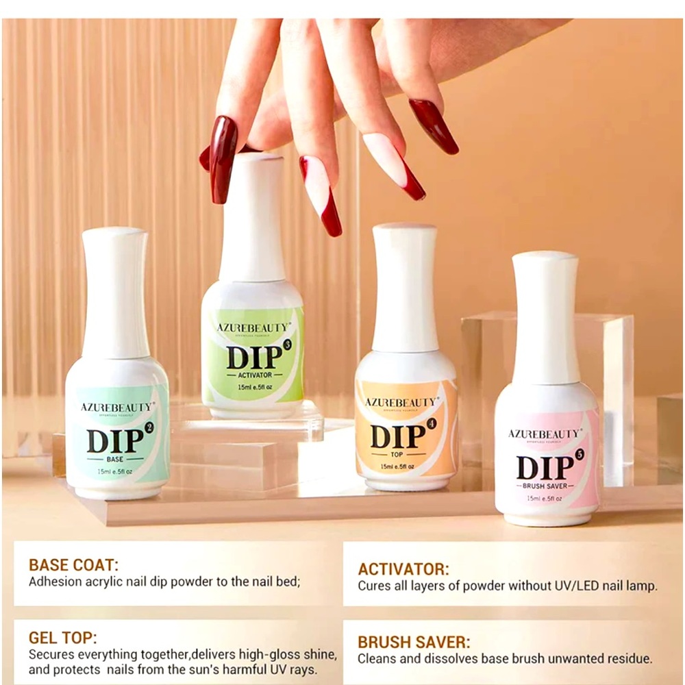 AZUREBEAUTY Dip Powder Liquid Set 15ml/0.5oz | 4+4Pcs Dipping Powder Base Top